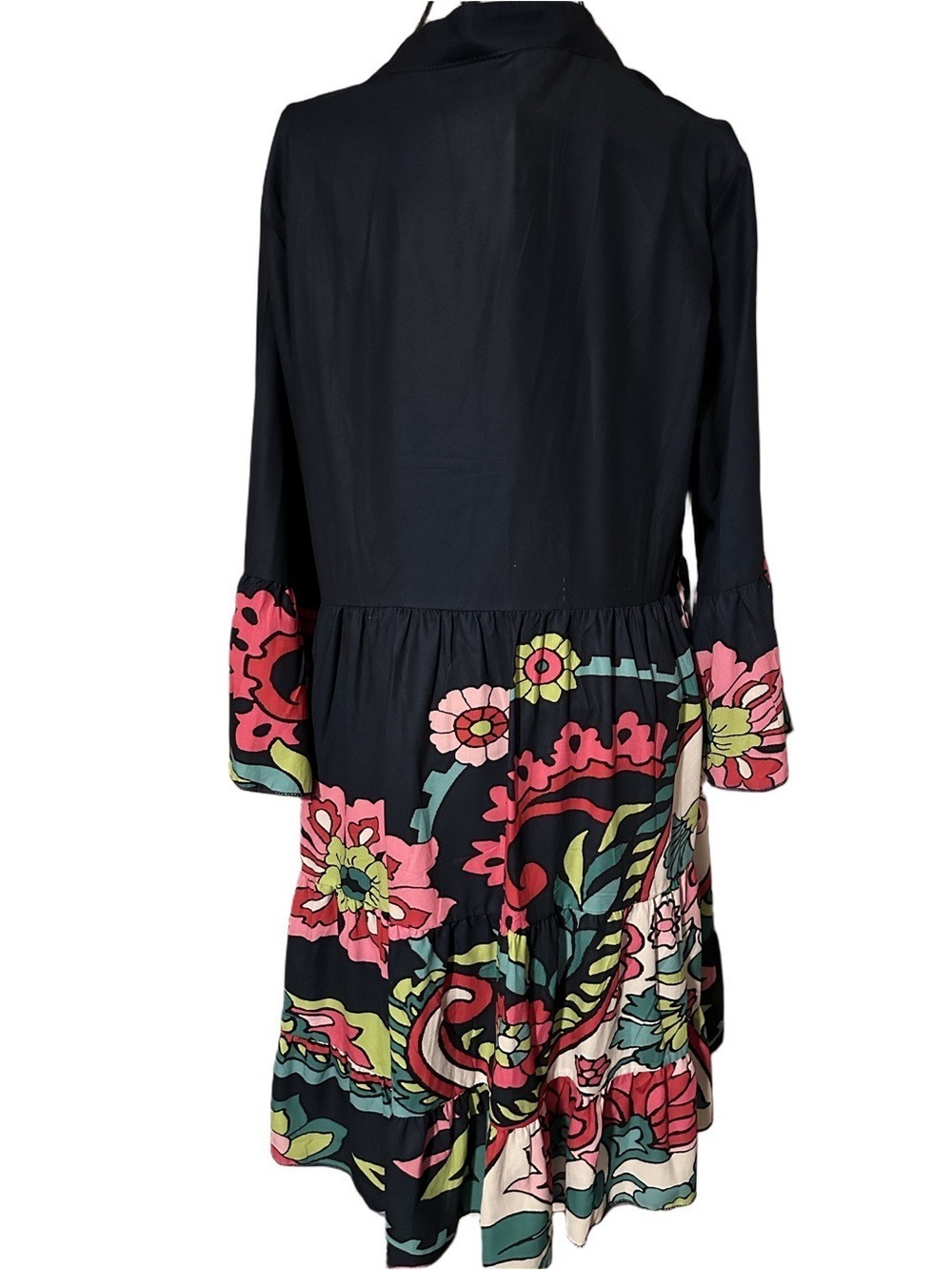 Navy Blue Floral Midi Dress with Pink & Green Print